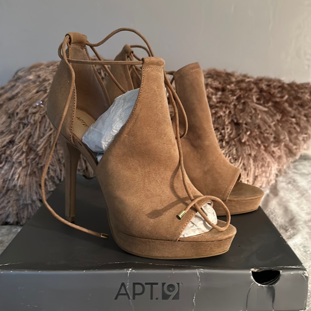 APT9 Style APJuliana. Color Tan Suede like ankle tie sandals. Size 9. Brand new.